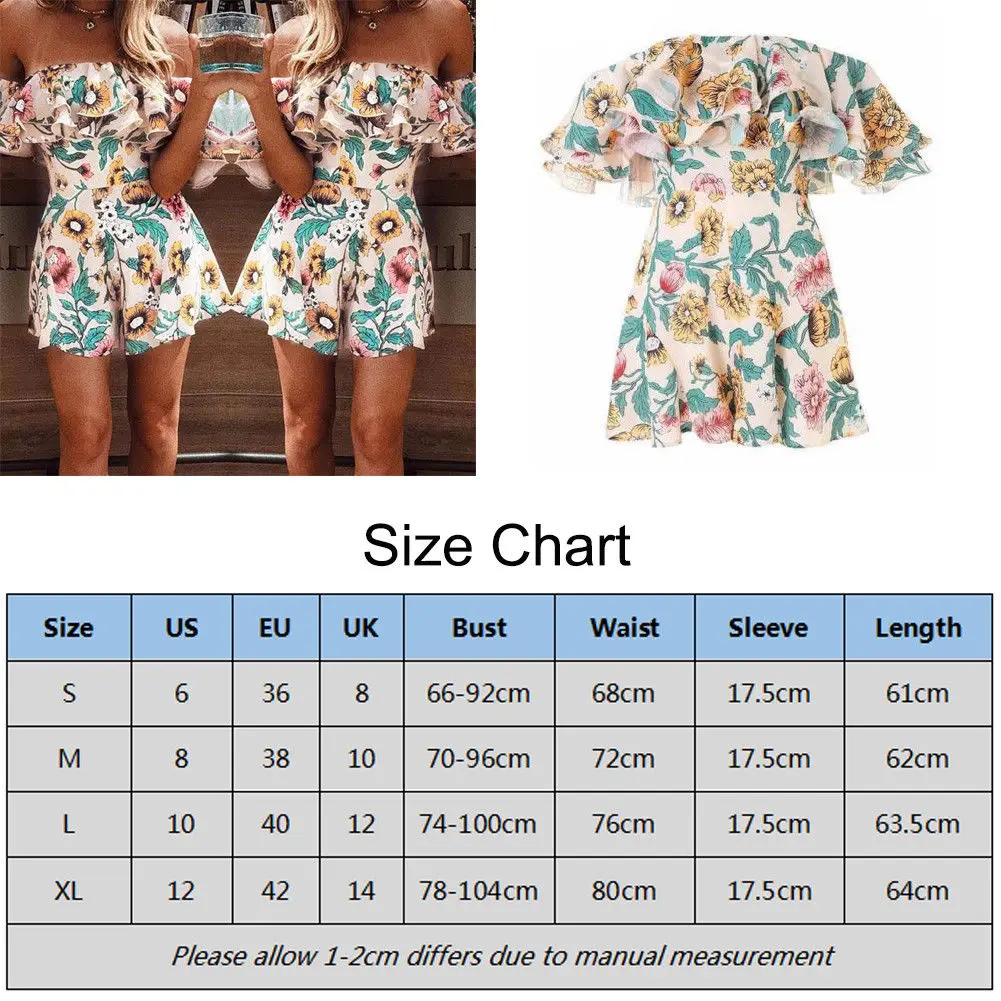 Boho Floral Print Holiday Beach Jumpsuits Women Sweet Clothes Off Shoulder Ruffles Jumpsuits Rompers Sexy Girl Short Overalls