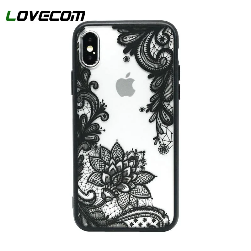 

LOVECOM Sexy Lace Phone Case For iPhone XS XR XS Max 5 5S SE 6 6S 7 8 Plus Mandala Flowers Transparent Soft TPU Back Cover