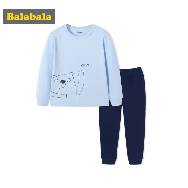 Baratos Balabala niño de 2 piezas gráfico ajustado algodón Pjs camisa de manga larga + Pantalones sólidos tirón conjunto para niños Juego de pijamas para niño