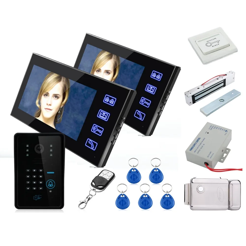 

Home Touch Key 7" Color RFID Video Door Phone Doorbell Video Intercom System 5 ID Card Video Intercom 2 Monitor +Electronic lock
