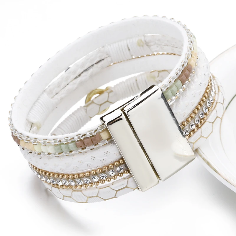 Amorcome White Leather Bracelets for Women Rhinestone Crystal Metal Charm Wide Multilayer Wrap Bracelets & Bangles Jewelry