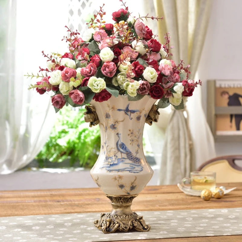 

Modern Ceramic Vase+Artificial Flower Set Decor Home Furnishing Craft Decoration Livingroom Silk Fake Flowerpot Art Wedding Gift