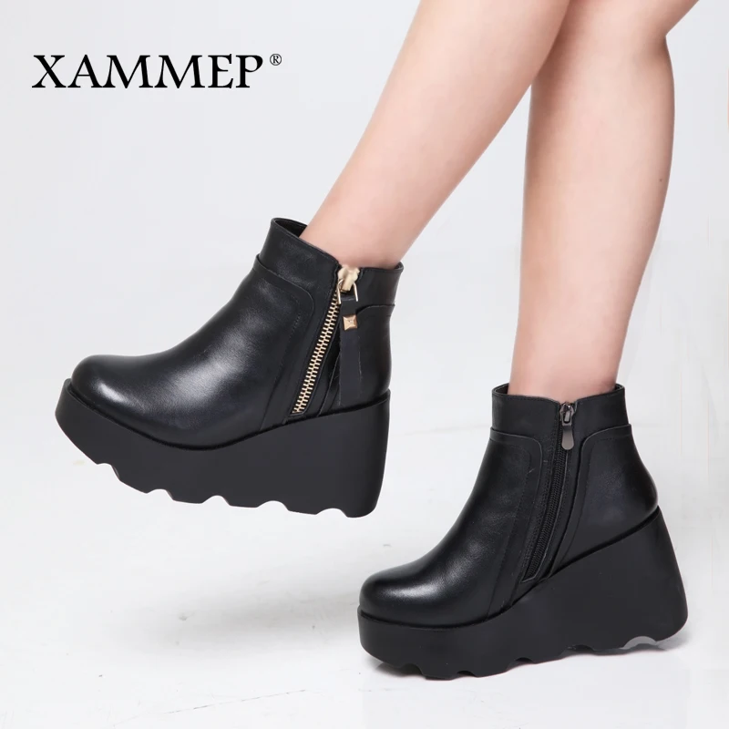 Xammep/женская зимняя обувь; ботинки из натуральной кожи и натуральной шерсти; Брендовая женская обувь; высококачественные ботильоны на платформе и высоком каблуке