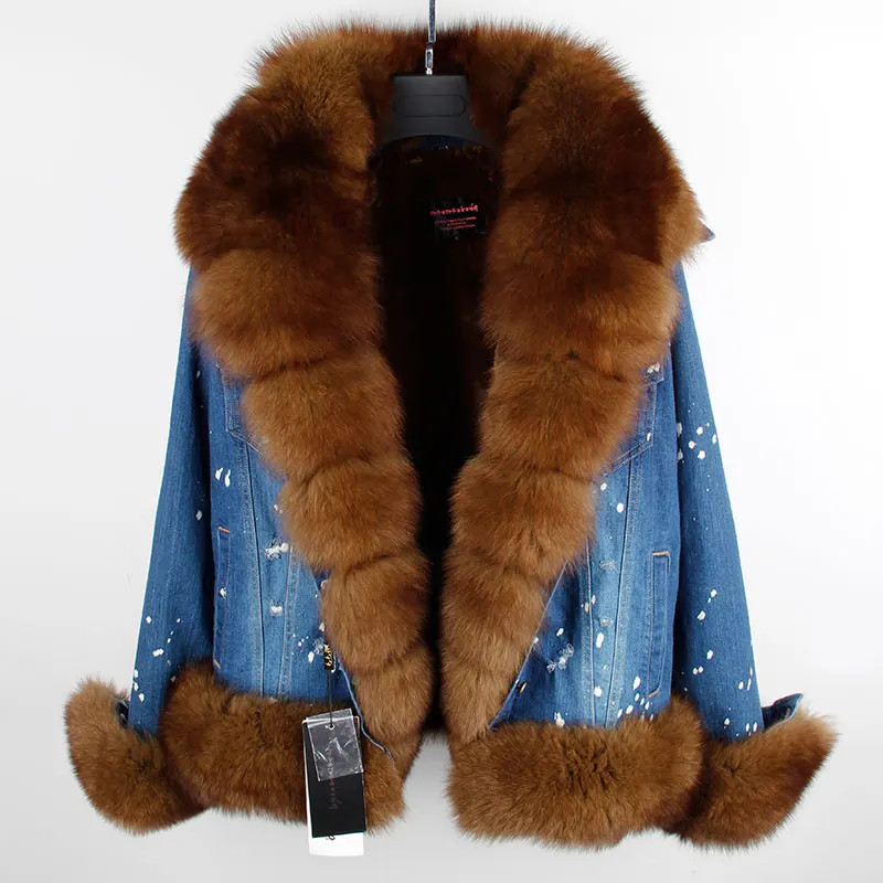 2018 г. новые женские Джинсовая куртка с натуральным лисьим мехом воротник поддельные внутри подкладка Нормальная длина женские зимние