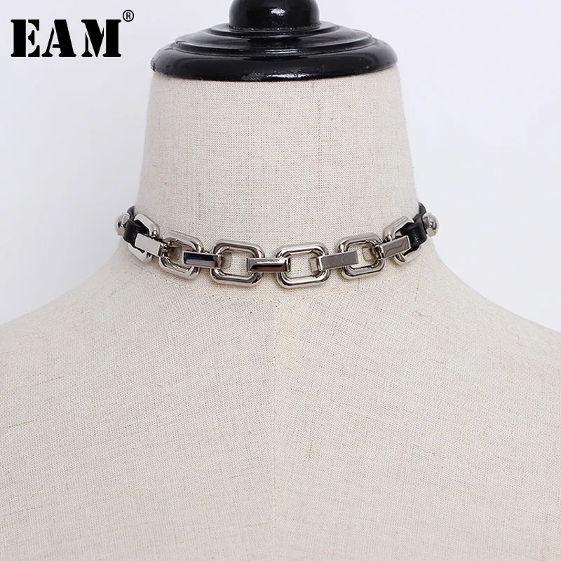 

[EAM] 2019 New Spring Summer Fashion Temperament Unisex Metal Chain Pu Leather Stitch Belt Personality Necklace LD0298