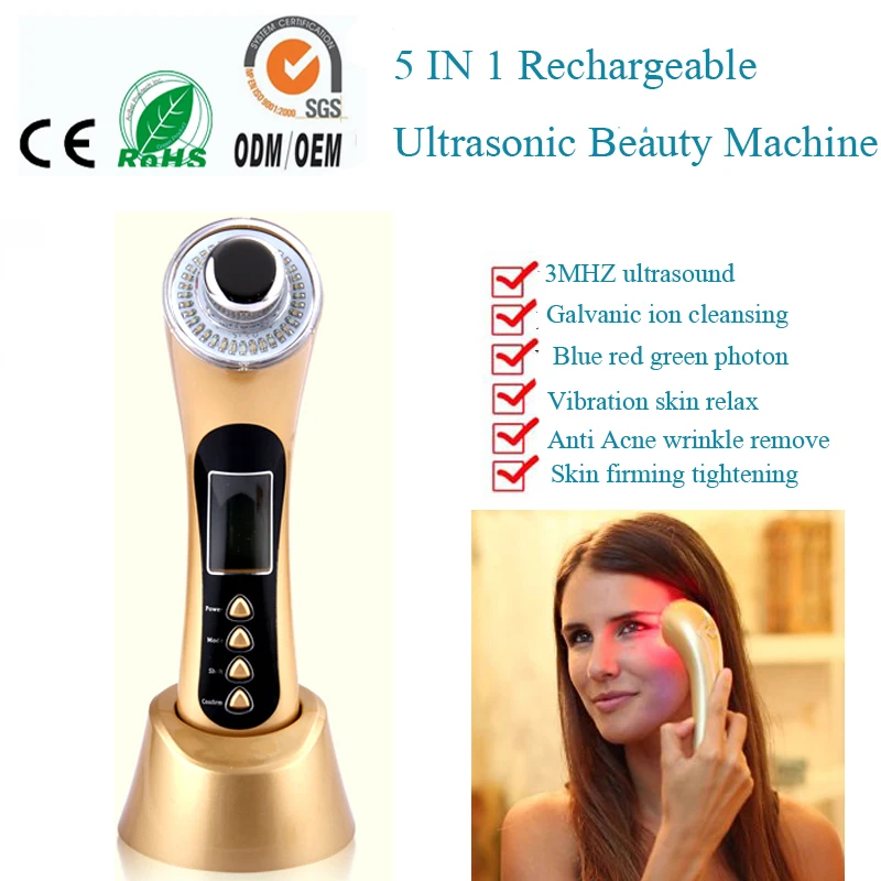 

LCD Display 5 IN 1 Rechargeable Home Use Galvanic Ultrasonic Ion 3 Colors Led Photon Rejuvenation Face Body Beauty Massager