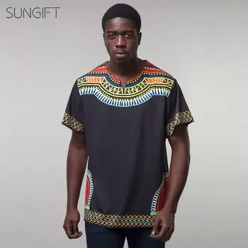 

SUNGIFT African Male Tribal Round Neck Top Dashiki Short Sleeve Big Size Male T-Shirt Summer Printed Classic Nation Clothes