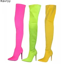 Эластичные женские высокие сапоги ярких цветов оранжевые, розовые, зеленые осенние ботфорты с острым носком на тонкую ногу модельная Клубная женская обувь