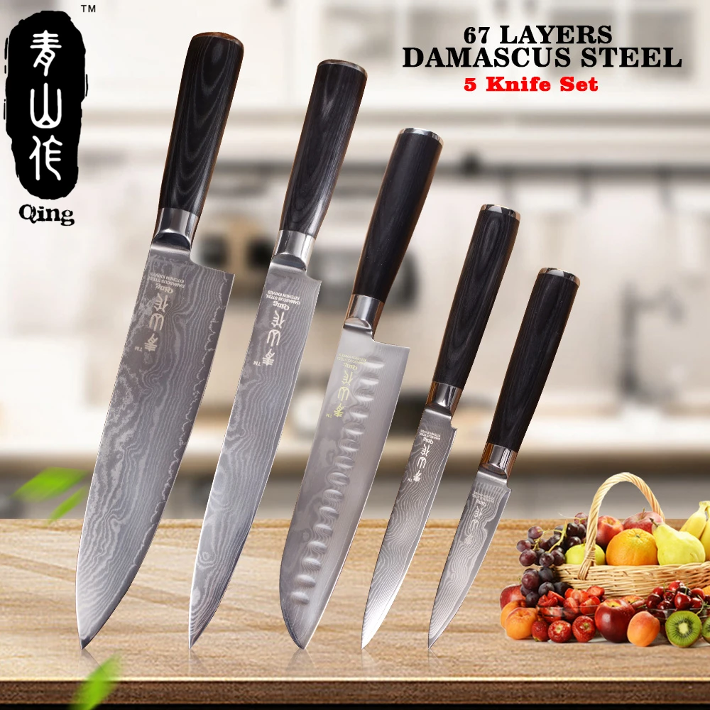 

QING 5pcs Damascus Kitchen Knives 8" 8" 7" 5" 3.5" High Toughness Japanese Damascus Steel Cooking Tools Black Color Wood Handle