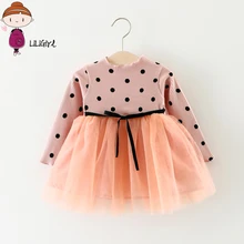 LILIGIRL одежда для малышей Одежда 2018 с длинными рукавами Детское элегантное платье для малышей для девочек плетением в стиле пэчворк в горошек с бантом на день рождения платья принцессы