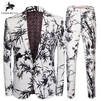 

Brand Suit Men Chinese Style Bamboo Print 2 Pieces Set Latest Coat + Pant Designs Wedding Stage Singer Slim Fit Costume
