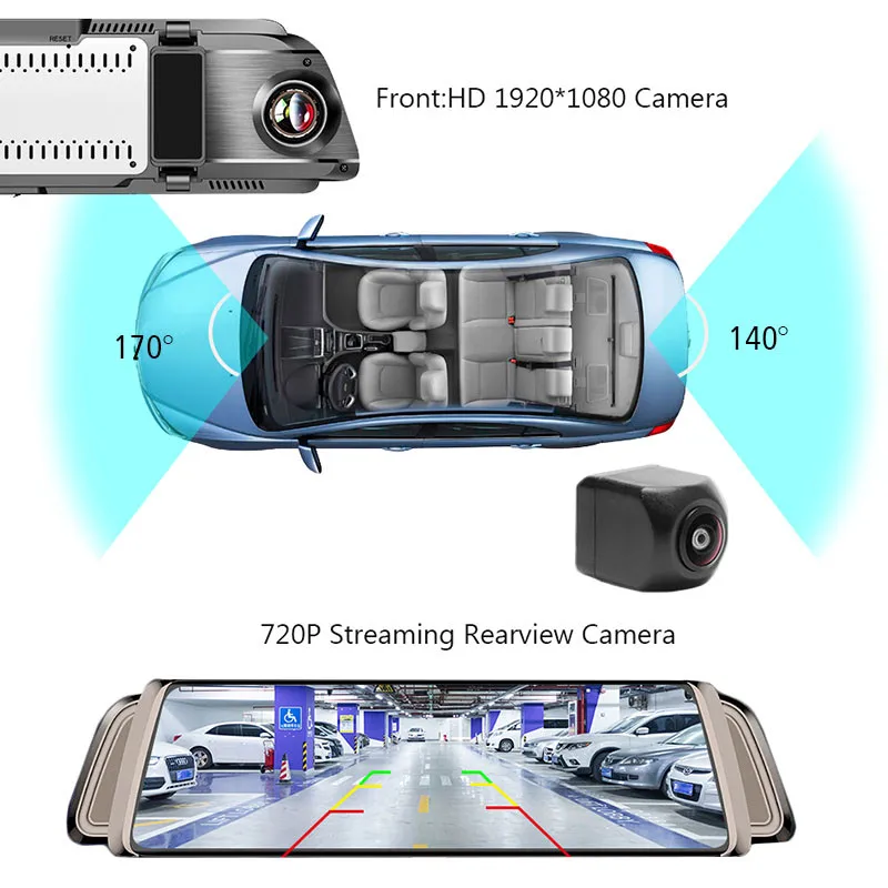 10-дюймовая шпилька полный Экран Touch 4G Зеркало заднего вида Автомобильный регистратор HD Ночное видение, Wi-Fi, gps ADAS Двойной объектив Регистраторы с навигацией