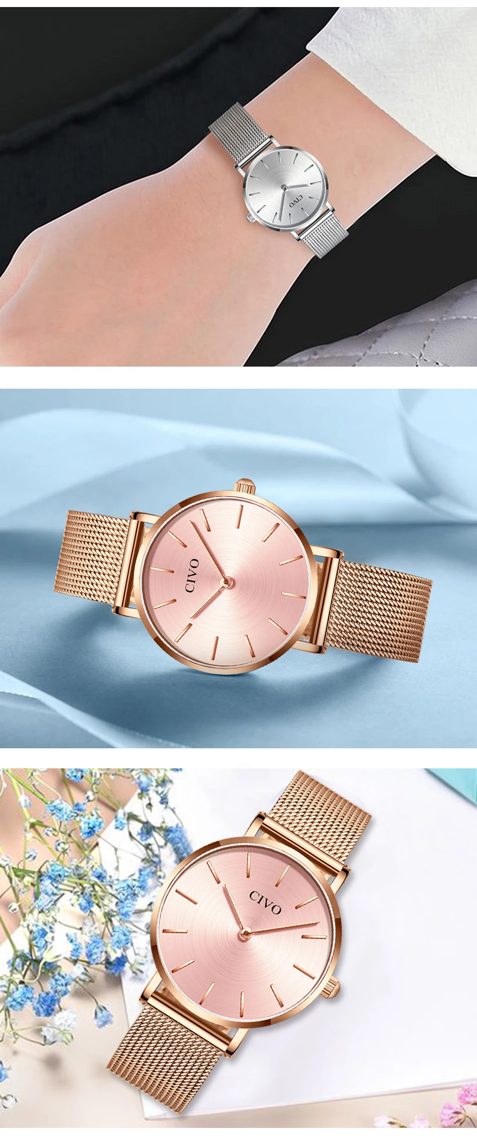 CIVO, Роскошные ультра тонкие женские часы, женские водонепроницаемые часы из розового золота со стальной сеткой, простые кварцевые часы-браслет, часы для женщин
