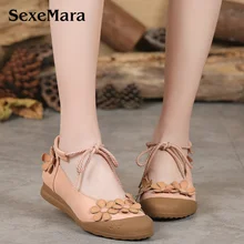 SexeMara/Женская обувь на плоской подошве из натуральной кожи; обувь ручной работы на плоской подошве в винтажном стиле; удобная повседневная женская обувь на шнуровке с цветочным узором