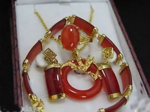 

FREE SHIPPINGCharming Jewelry Rael Red Jade Bracelet Earring Ring Set