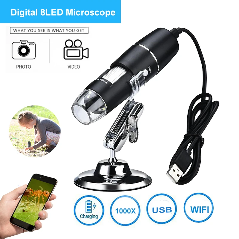 

Mega Pixels 1000X USB Digital Microscope with Microscope Stand Microscopio Illuminated Magnifier 8-LED Lights for iOS/Android