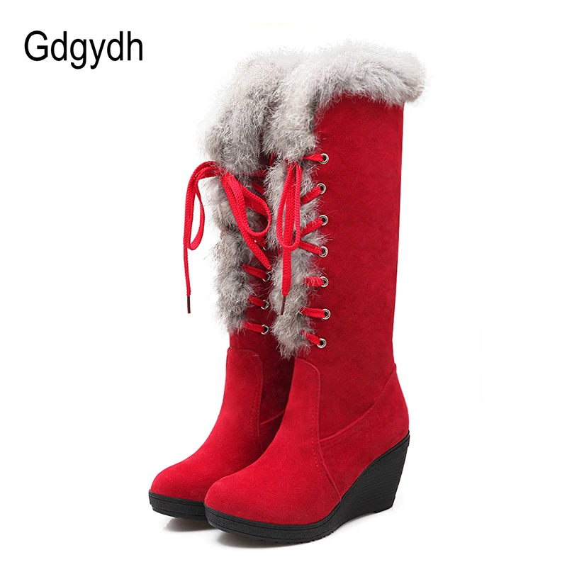 Tanie Gdgydh Suede kolana wysokie buty kobiece śniegowce zimowe ciepłe buty damskie szpilki kliny buty dobrej jakości długie buty zimowe