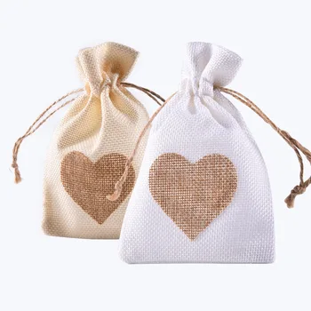 

12Pcs/Set Heart-Shaped Favor Bag Trendy White Linen Drawstring Wedding Gifts Bags Jewelry Bags Candy Bags 10*14cm