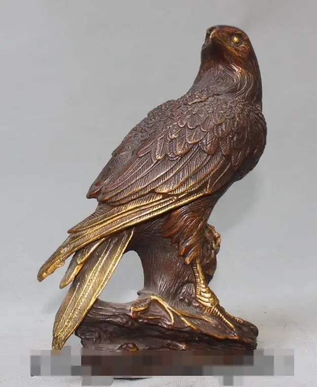 

S1636 Old Chinese Bronze Gilt Rare Animal Station Branch Eagle Statue Art Figurine