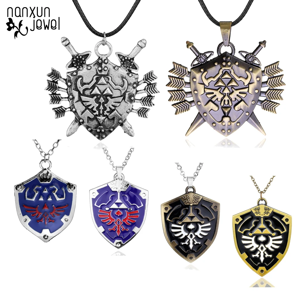 

Gothic Legend of Zelda Shield Pendant Necklace Enamel Shield Sword Link Leather Chain Women Men's Necklace Gift Fashion Jewelry