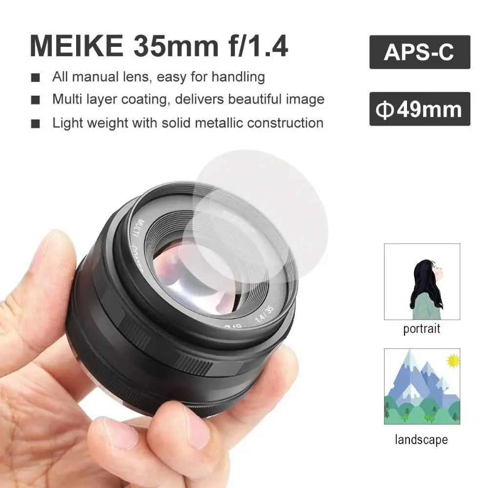 MEKE 35 мм f1.4 объектив с ручным фокусом для sony E-mount A7R A7S A6500 A7 Fuji X-T2 X-T3 Canon EOS-M M6 M4 беззеркальная камера