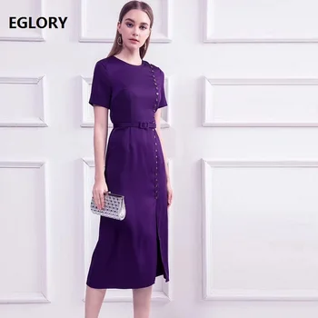 

New Arrival Dresses 2019 Summer Fashion Party Midi Dress Women O-Neck Tunic Buttons Split Bodycon Sheath Dress Black Purple XXL