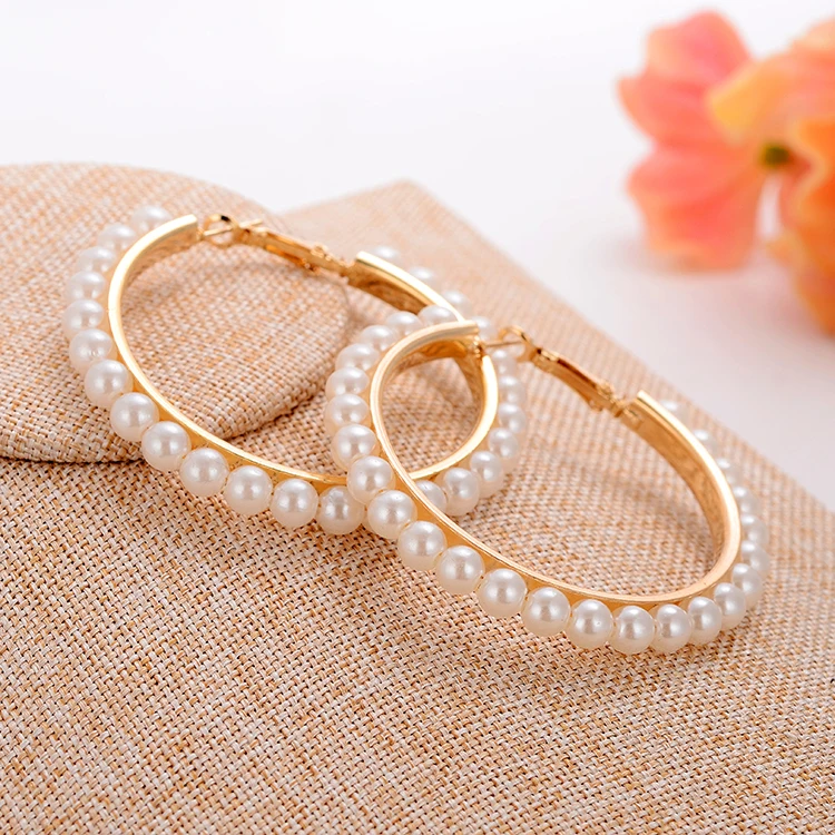 

Hesiod Gold Color Full Simulated Pearl Hoop Earrings Luxury Big Circle Earrings for Women Ladies Gifts Wedding Jewelry Brincos