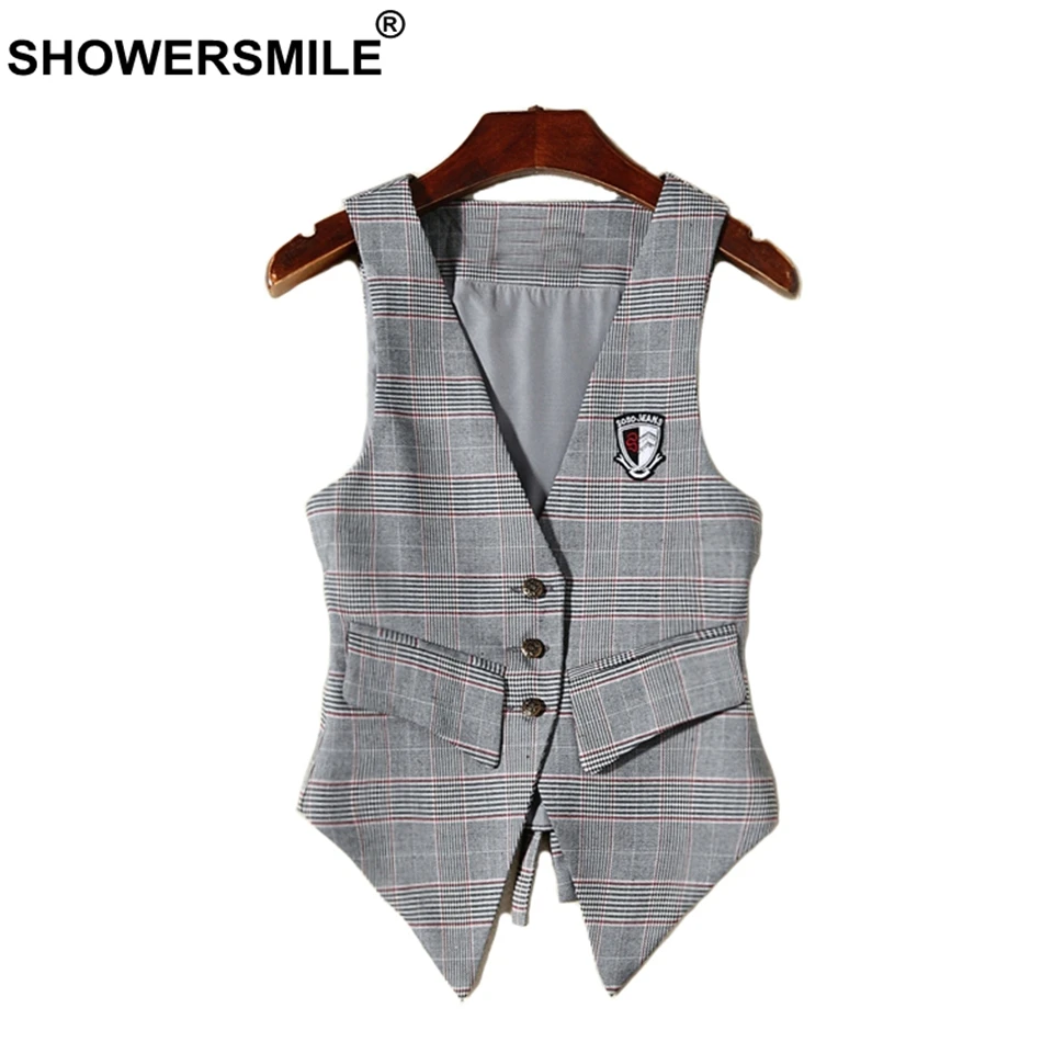 SHOWERSMILE British Style Women Plaid Vest With Skirts Short Checkered Waistcoat Female Slim Fit Sleeveless Jackets England