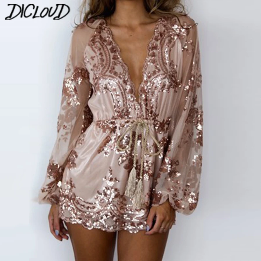 Sexy V-Neck Sequins Bodysuit Women 2018 Fashion Loose Mesh Yarn Jumpsuit Female Long-Sleeved High Waist Ribbon Flowers Playsuit Sexy V-Neck Sequins Bodysuit Women 2018 Fashion Loose Mesh Yarn Jumpsuit Female Long-Sleeved High Waist Ribbon Flowers Playsuit