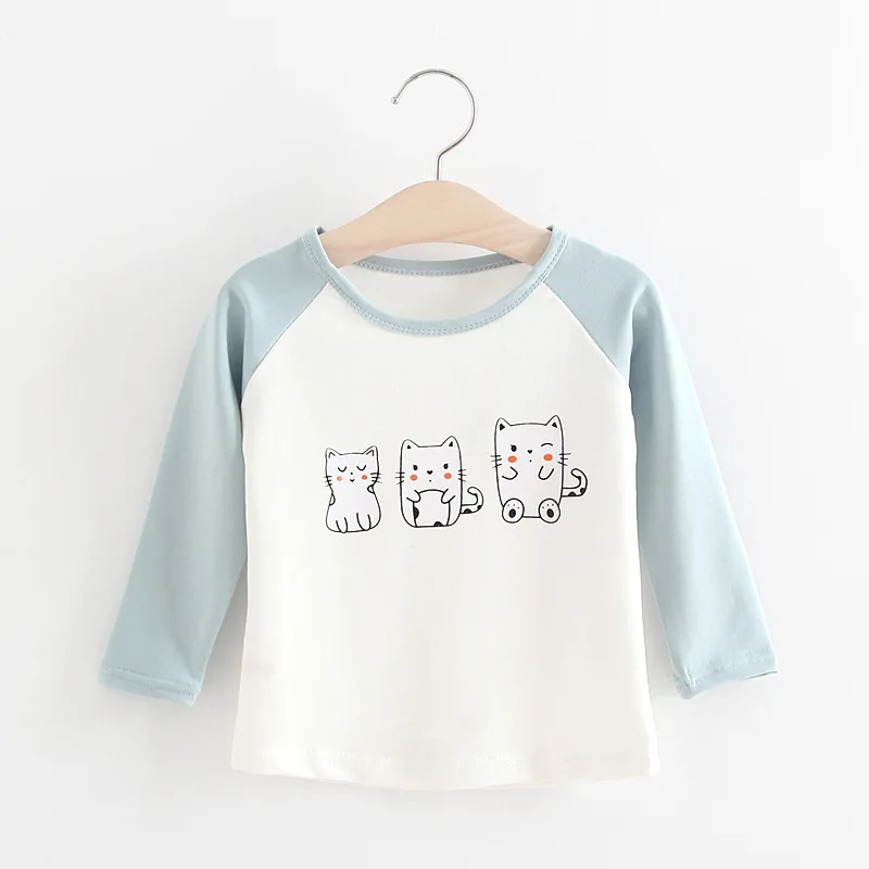 VIMIKID/коллекция года, весенне-осенняя футболка для маленьких девочек Милая футболка с длинными рукавами и круглым вырезом и рисунком кота детская одежда - Цвет: Небесно-голубой