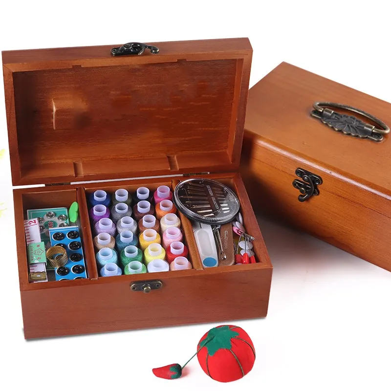Sewing Set Diy Wood Box Sewing Kit Needle Tape Multifunction Threads