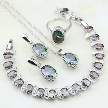 Crown мистической радуги Циркон 925 пробы серебряные свадебные комплекты ювелирных изделий для Для женщин вечерние Цепочки и ожерелья/серьги/кулон/Кольцо/ браслет