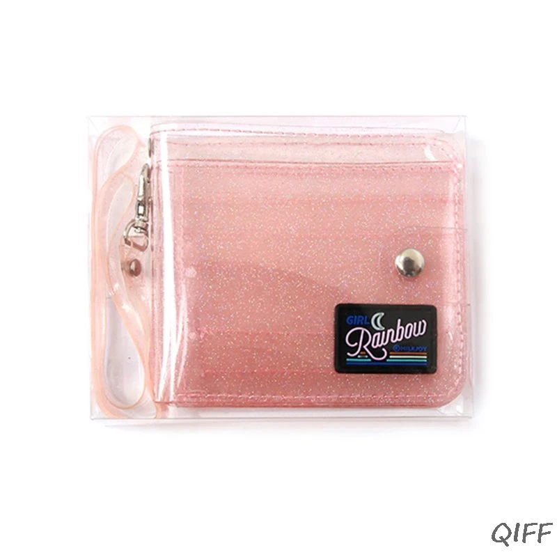 Transparent ID Card Holder PVC Folding Short Wallet Fashion Women Girl Glitter Business Cards Case Purse with Lanyard Sum