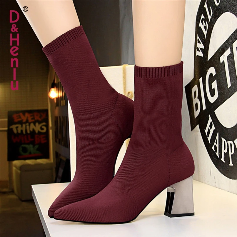 Achat Élastique Chaussette Bottes Avec Talon Stretch Bottes Chaussette Talons 2018 Automne À Tricoter Boot Lady mi mollet Boot Femmes Noir beige botas mujer