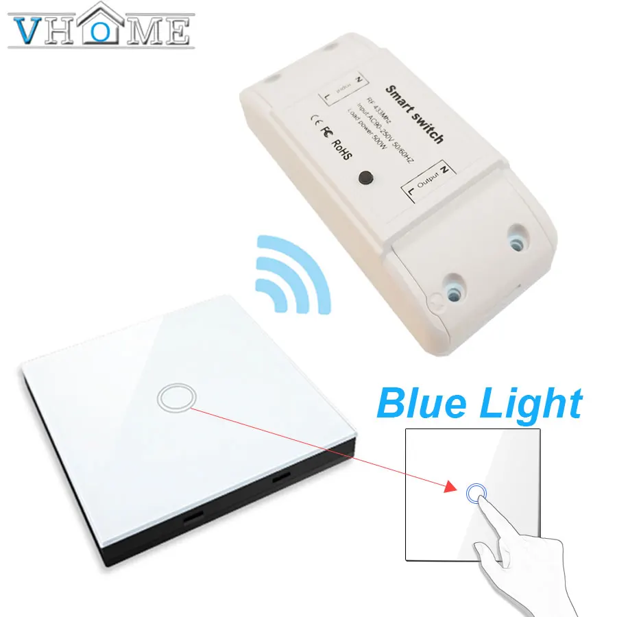 Vhome Wireless Switch Controller Smart Remote Control Touch Light switch RF Transmitter AC220V 5A For Smart Home LED White/Black - Цвет: white with blue led