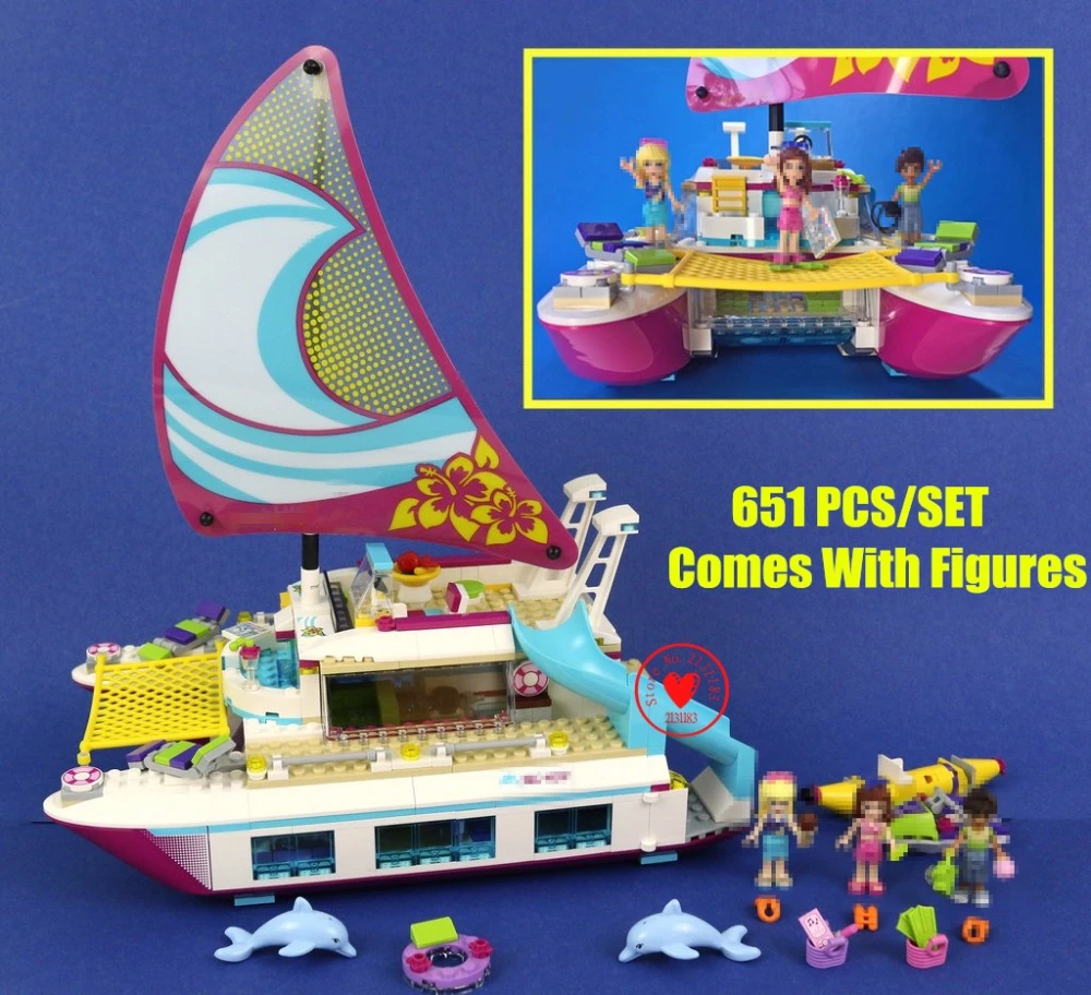 

New Heartlake girl Sunshine Catamaran Dolphins fit legoings friends city figures Building Block bricks 41317 diy toys gift kid