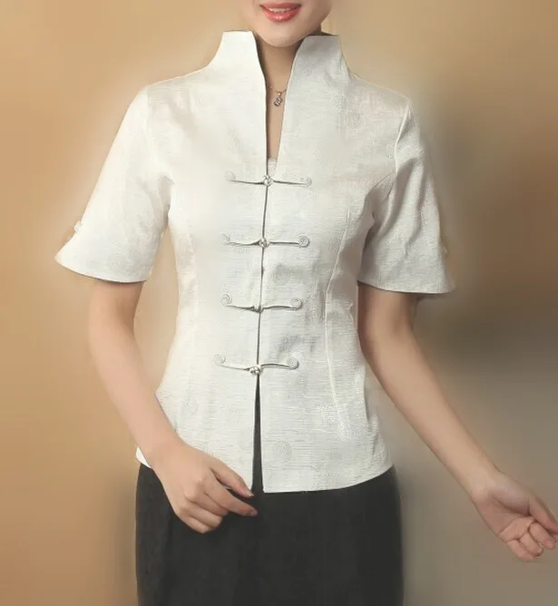 

Hot Sale White Traditional Chinese Women's Shirt Top V-Neck Short Sleeves Mujeres Camisa Blouse Size S M L XL XXL XXXL Mny-008B