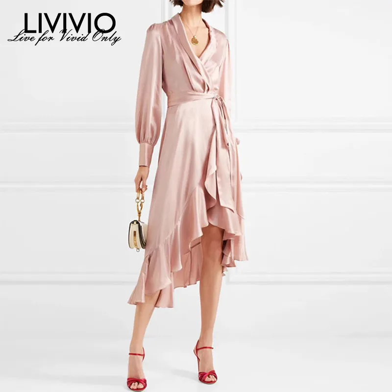 

[LIVIVIO] Long Lantern Sleeve Casual Pink Satin Elegant Ladies Loose Wrap Ruffle Dresses Women Clothes 2019 Korean Fashion New