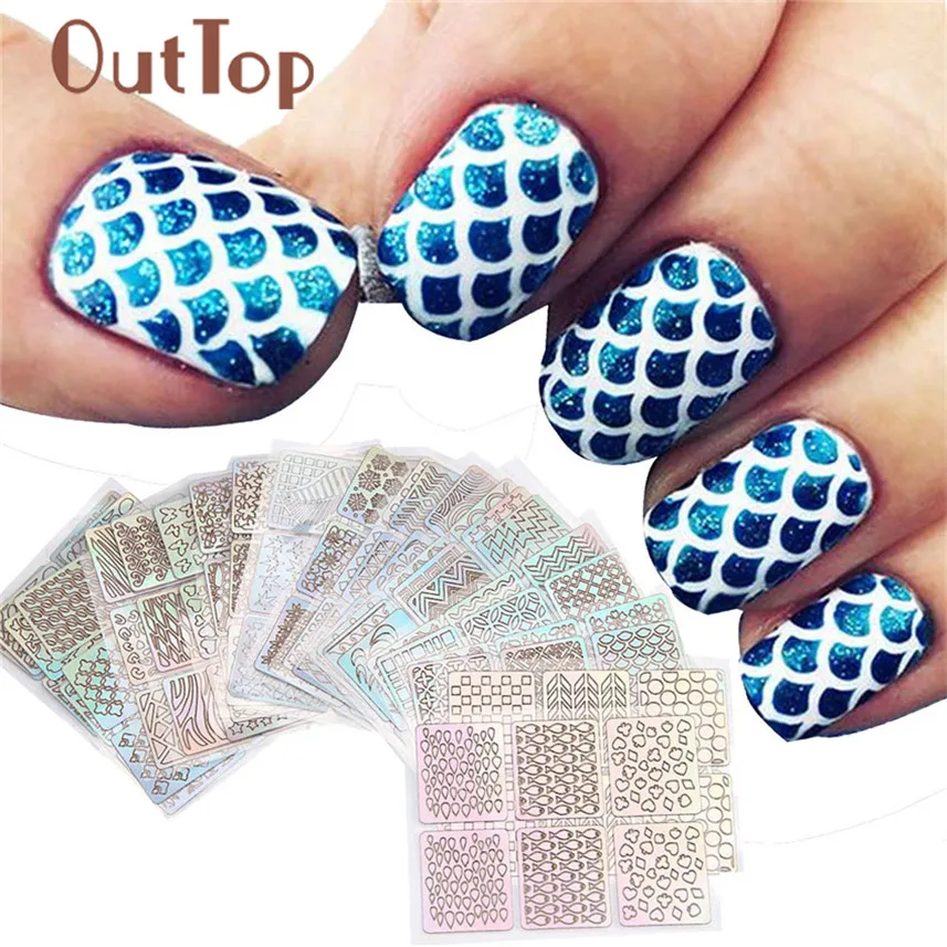 

OutTop 24 Sheets New Nail Hollow Irregular Grid Stencil Reusable Manicure Stickers Stamping Template Nail Art Tools J170118
