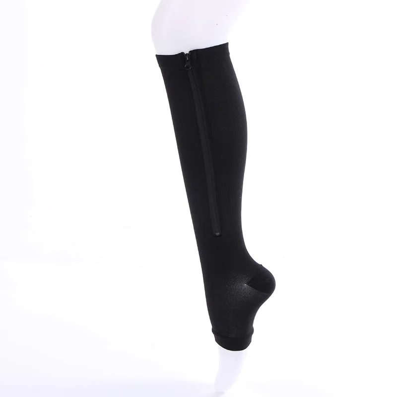 Новинка, женские Компрессионные носки на молнии, на молнии, для поддержки ног, гольфы, носок с открытыми пальцами, модные, с открытым носком, цвет черный, хаки - Цвет: black 43cm