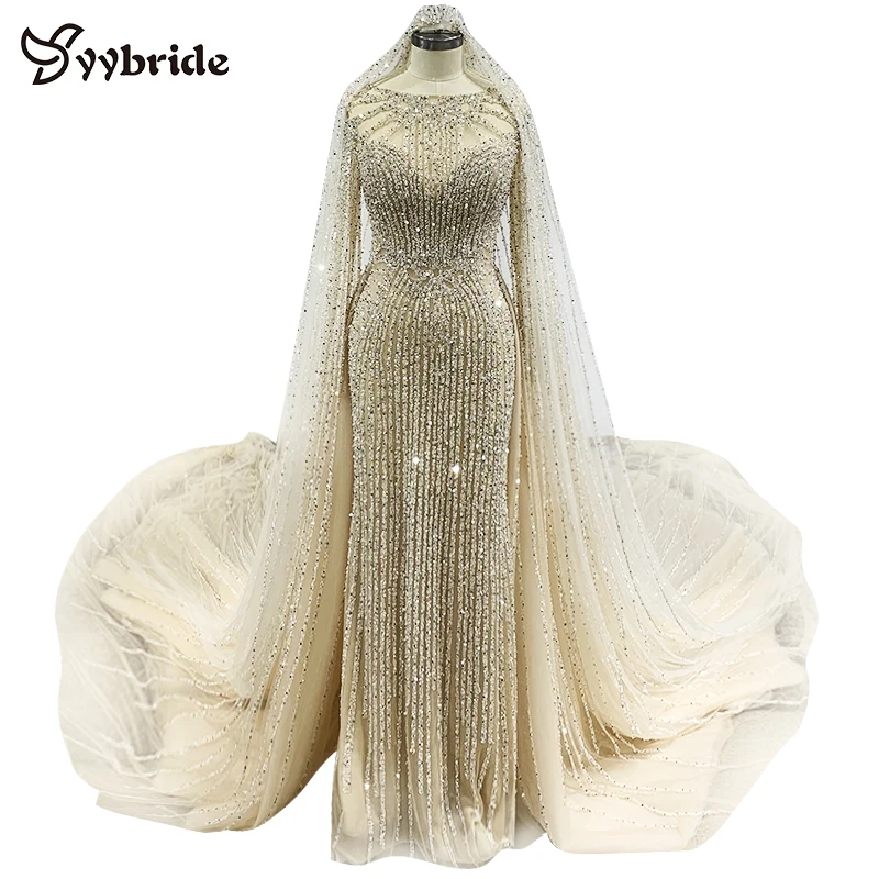 

Surmount Luxury Beading Dresses with Long Flare Sleeves Crystals Scalloped Neck Mermaid Skirt with Royal Train Wedding Dresses