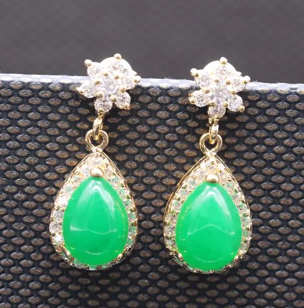 Fashion Classic Jewelry Gold Plated Waterdrop Malaysian Jade AAA CZ Earring E08 2