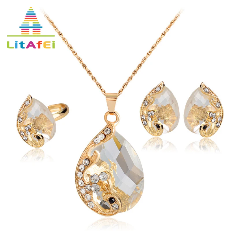 

Jewelry Sets Earrings Ring Necklace set Waterdrop Shape Wedding Decoration Peacock Pattern for Women Fashion Gift