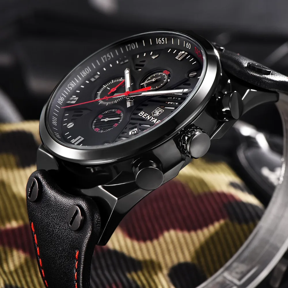 BENYAR Sport Men Watches Skeleton Military Chronograph Quartz Man Outdoor Big Dial Watch Army Male Clock Relogio Masculino SAAT