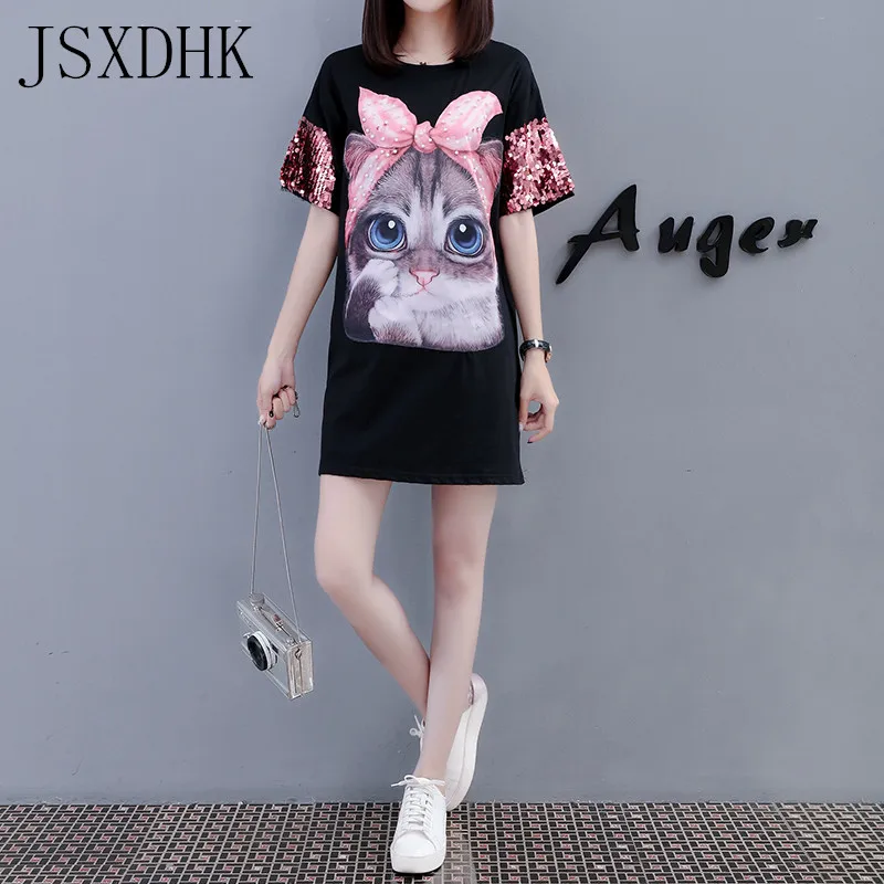 

JSXDHK New Summer Women Long T-Shir Fashion Print Cat Sequined Beading Loose Black Tshirt Casual Student Girl Loose Clothes