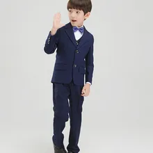 Смокинги для мальчиков на заказ, детский костюм с отворотами темно-синие детские костюмы на свадьбу/выпускной(куртка+ жилет+ брюки+ галстук+ рубашка) NH14