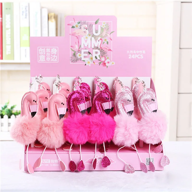 Kawaii 0.38mm Pink Flamingo Ball Plush Pendant Gel Pen Creative Neutral Pens Promotional Gift Stationery School Office Supply | Канцтовары
