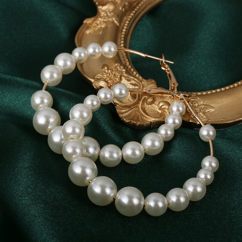 

1Pair White Faux Pearls Round Hoop Earrings Small Big Pearl Circle Earrings Drop Dangle Ear Stud Jewelry Accessories for Women