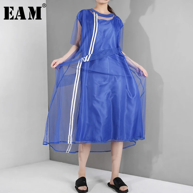 

[EAM] 2019 New Spring Summer Round Neck Short Sleeve Blue Mesh Striped Split Joint Loose Big Size Dress Women Fashion WG9060