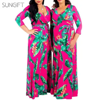

SUNGIFT African Dress For Women Dashiki African Print Contrast Color Wrap V Neck Belt Big Size Maxi Dresses 2019 Summer Dresses